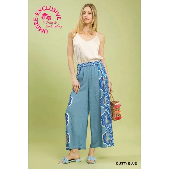 C5968B Umgee Print Wide Palazzo Pants Dusty Blue Various Sizes - Picture 2 of 5